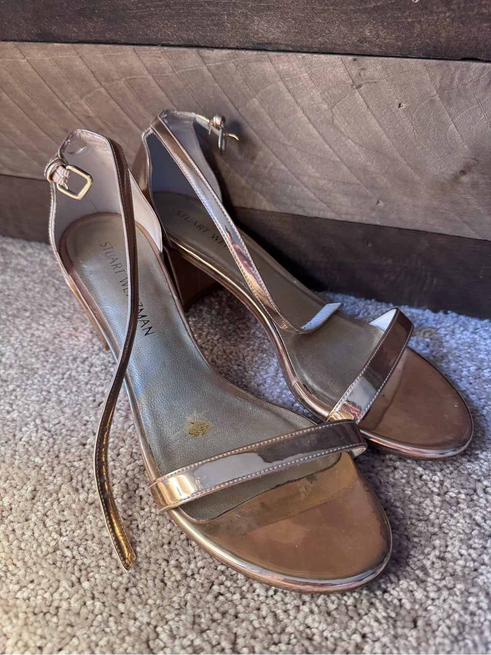 Stuart Weitzman Metallic Rose Gold Open-Toe Slingback Heels